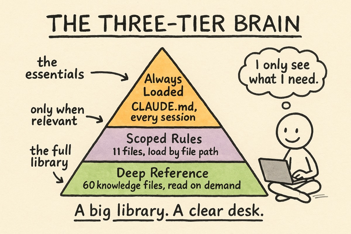 The three-tier brain: always loaded, scoped rules, deep reference